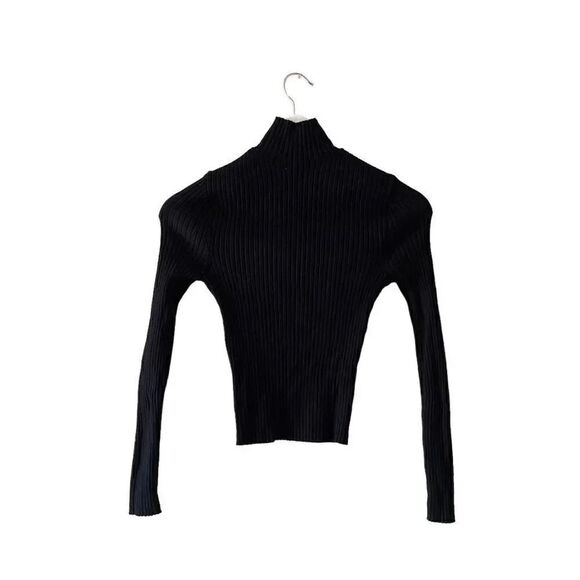 ZARA Black Viscose Mock Neck Knit Ribbed Cropped Long Sleeves Sweater SZ S #1672 - Picture 5 of 10